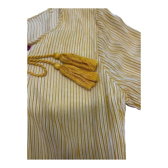 StudioWest Apparel Boho Smock Top  L Yellow‎ Stripes Embroidered Mirrors Tassels - Picture 5 of 12